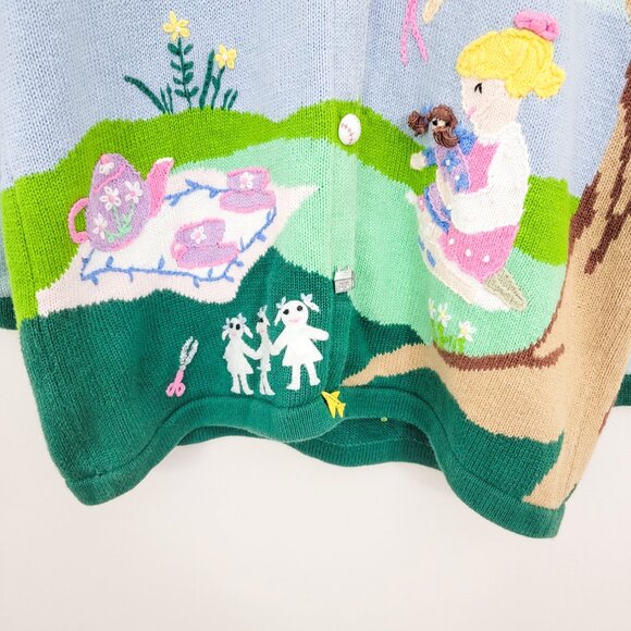 Vintage Storybook Knits Kids Playing Toys Trees Cardigan Sweater Medium - Picture 8 of 9